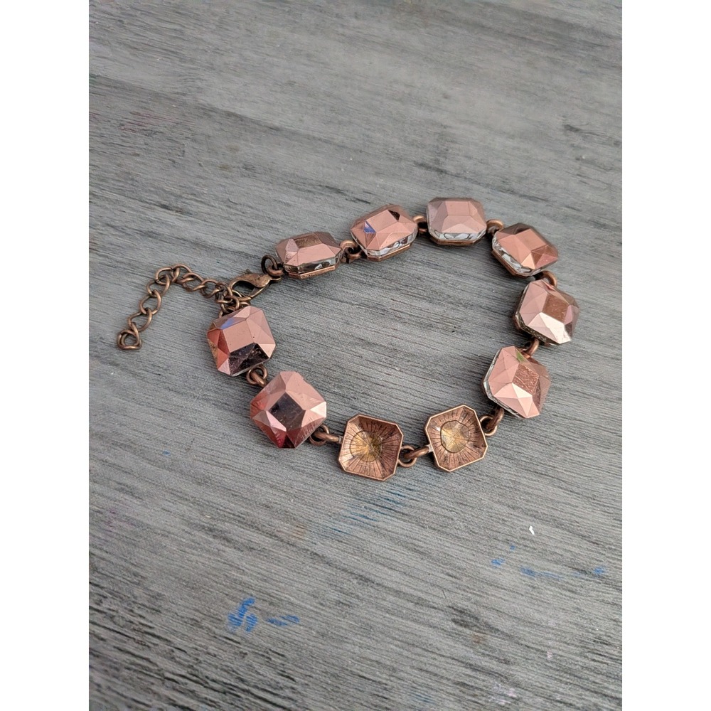 Rose Gold Tone Faceted Square Crystal Link Bracelet Adjustable Statement Jewelry
